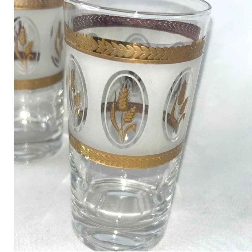 Vintage Libbey Golden Wheat Frosted Highball Glasses Gold Trim Set of 6 MCM